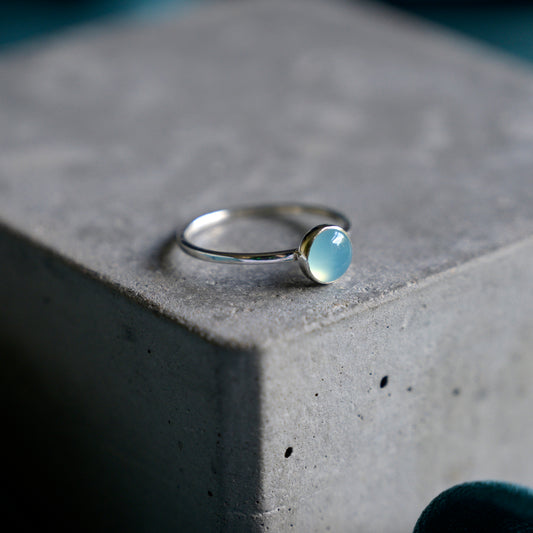 Silver Blue Chalcedony Cabochon Ring, size N