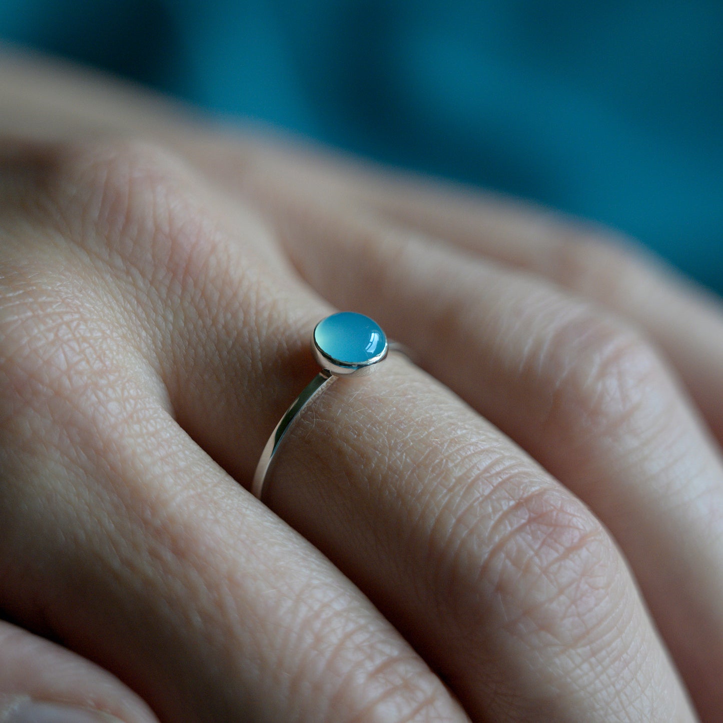 Silver Blue Chalcedony Cabochon Ring, size N