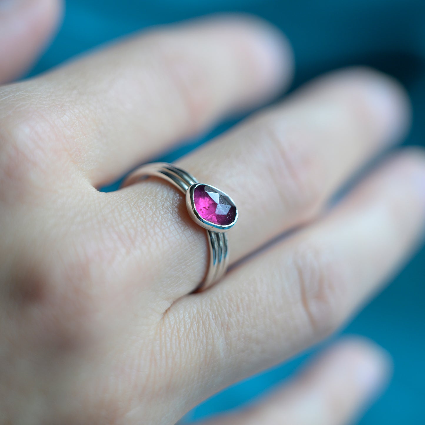 Silver Rose Cut Rhodolite Garnet Ring, size R