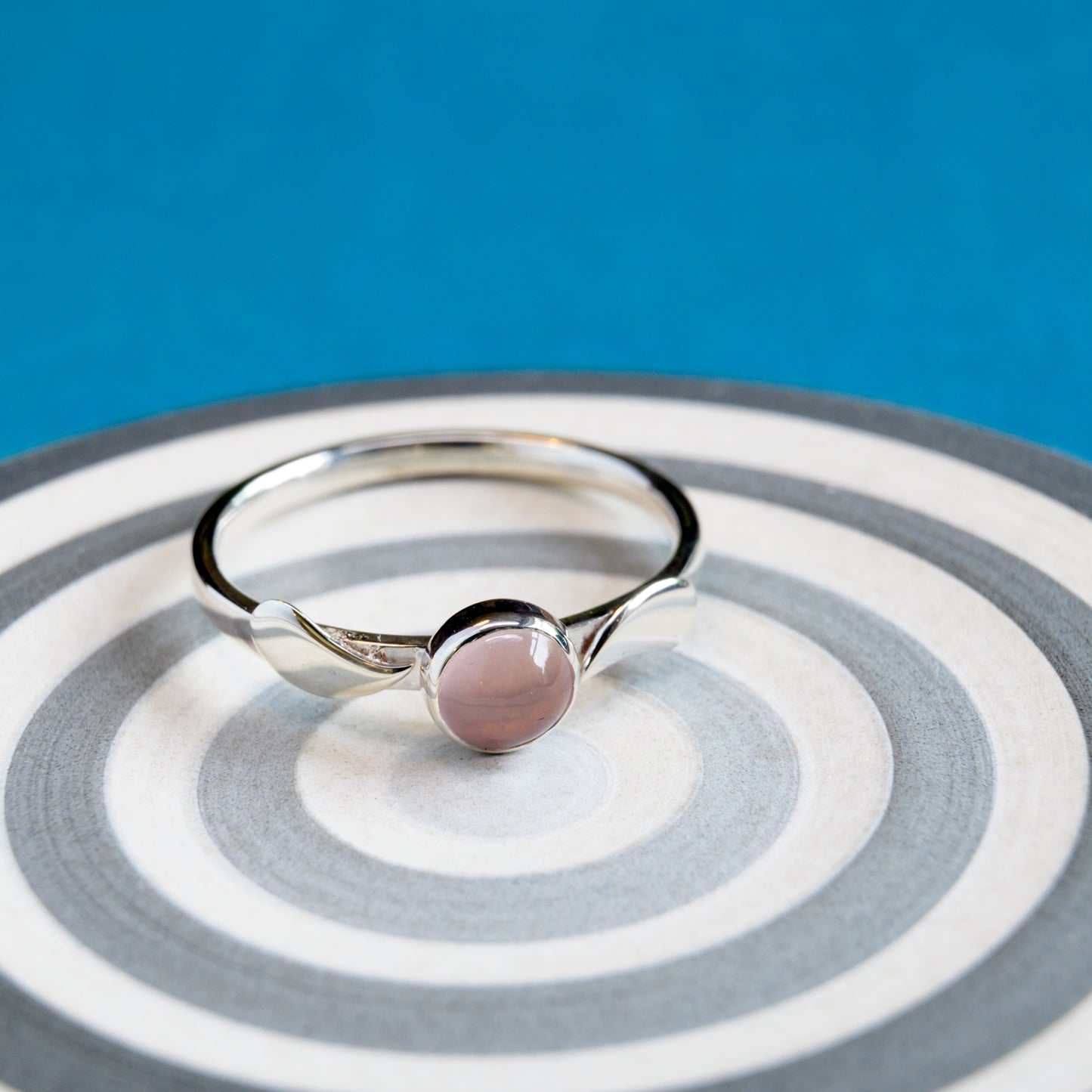 Silver Rose Quartz Cabochon Ring, size S