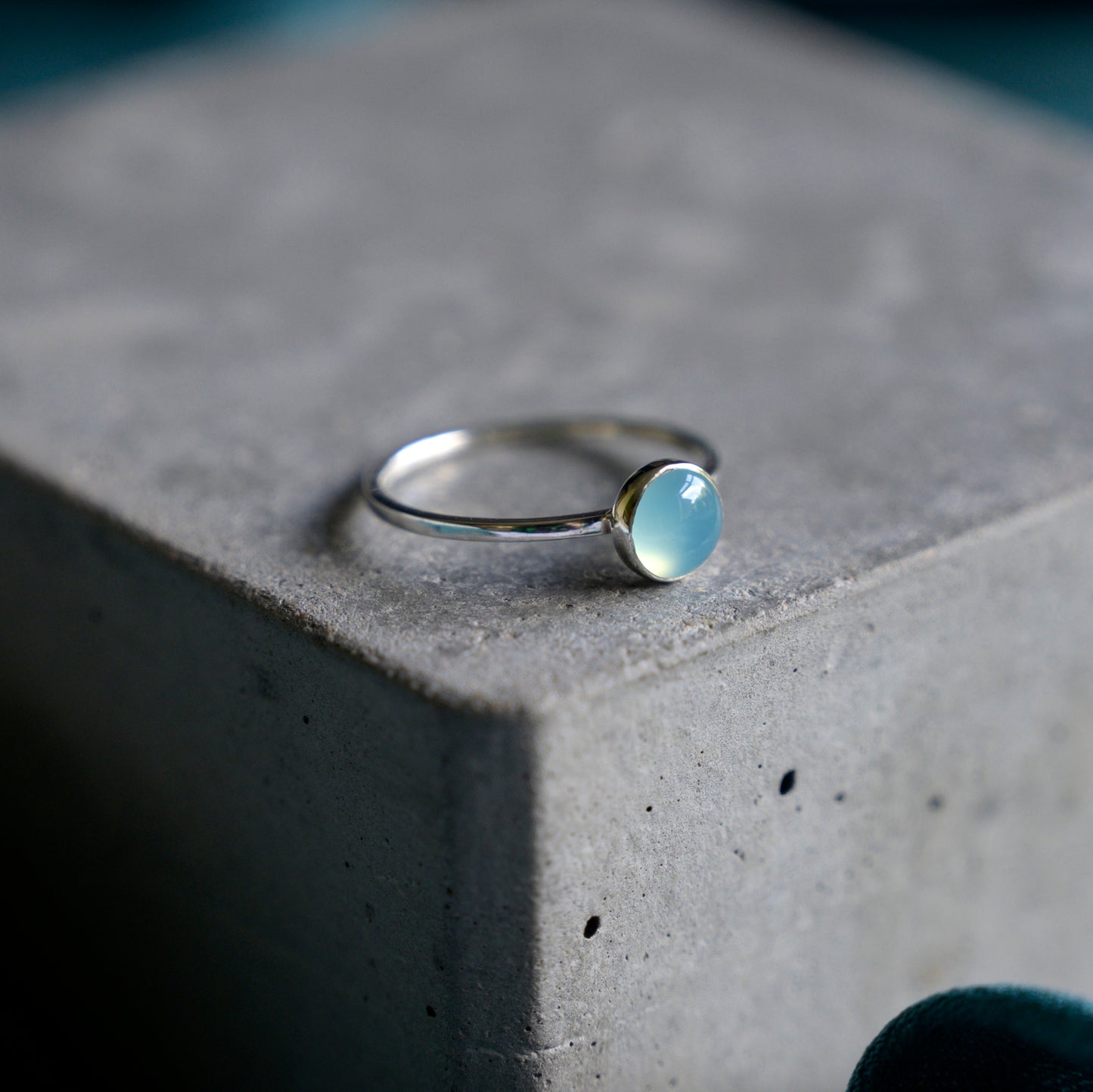 Silver Blue Chalcedony Cabochon Ring, size N