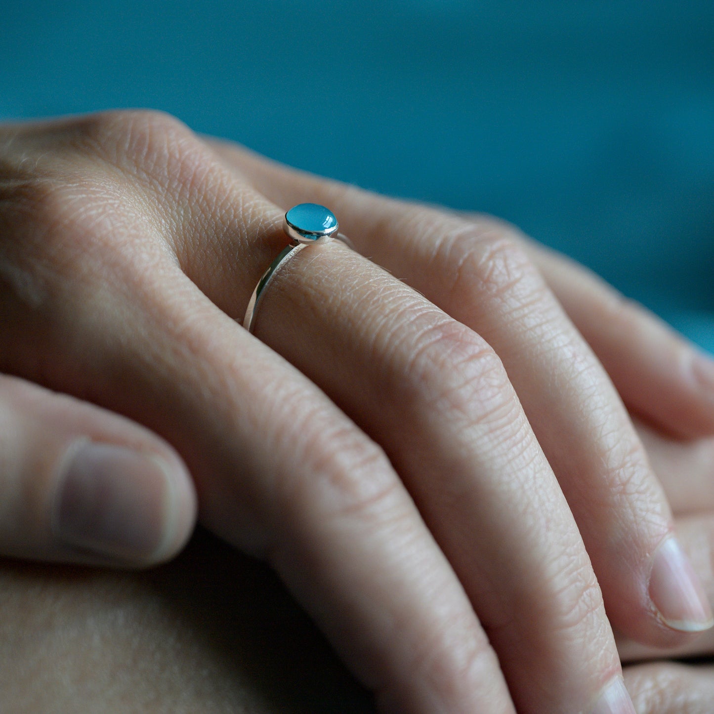 Silver Blue Chalcedony Cabochon Ring, size N