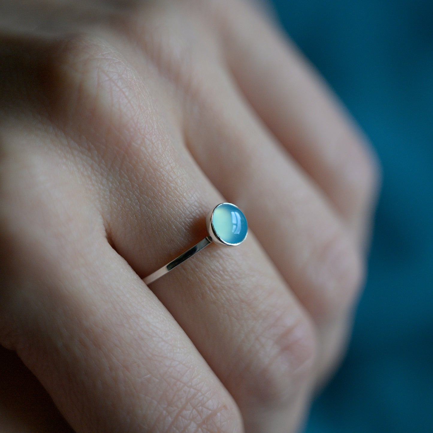 Silver Blue Chalcedony Cabochon Ring, size N