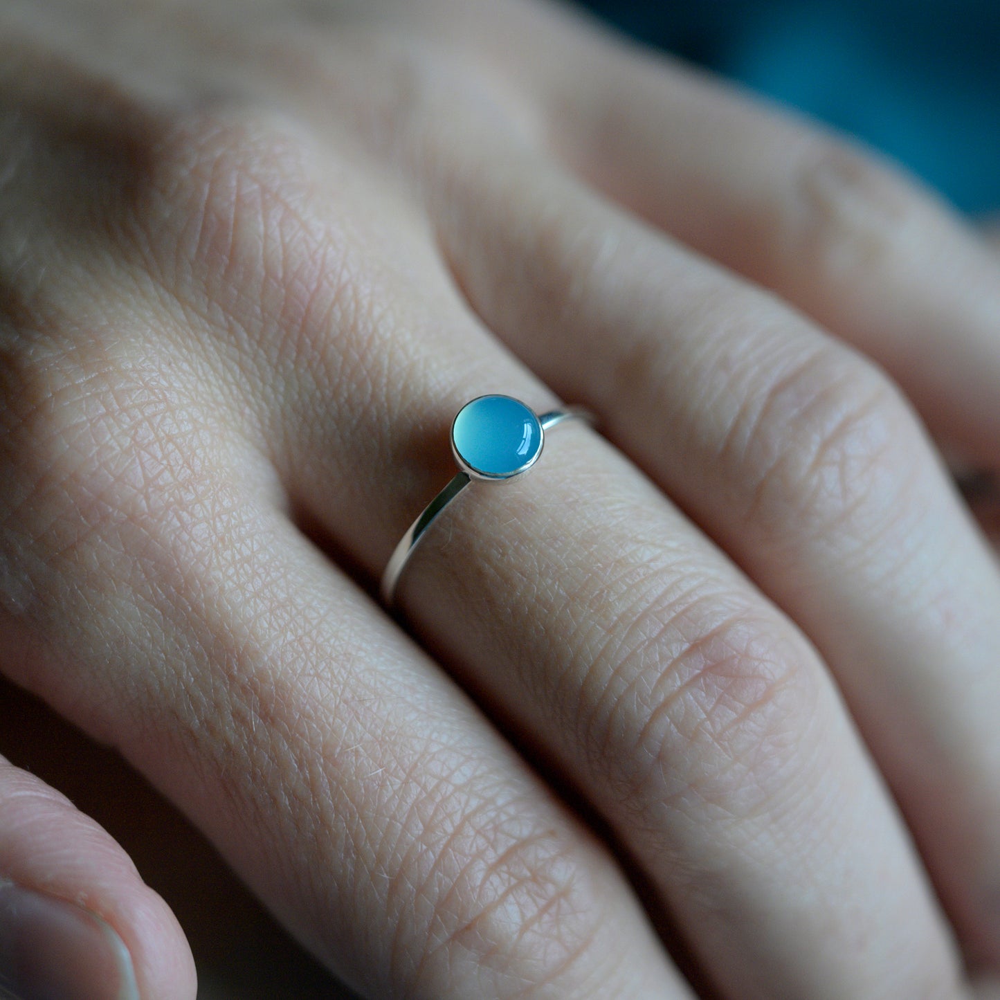 Silver Blue Chalcedony Cabochon Ring, size N