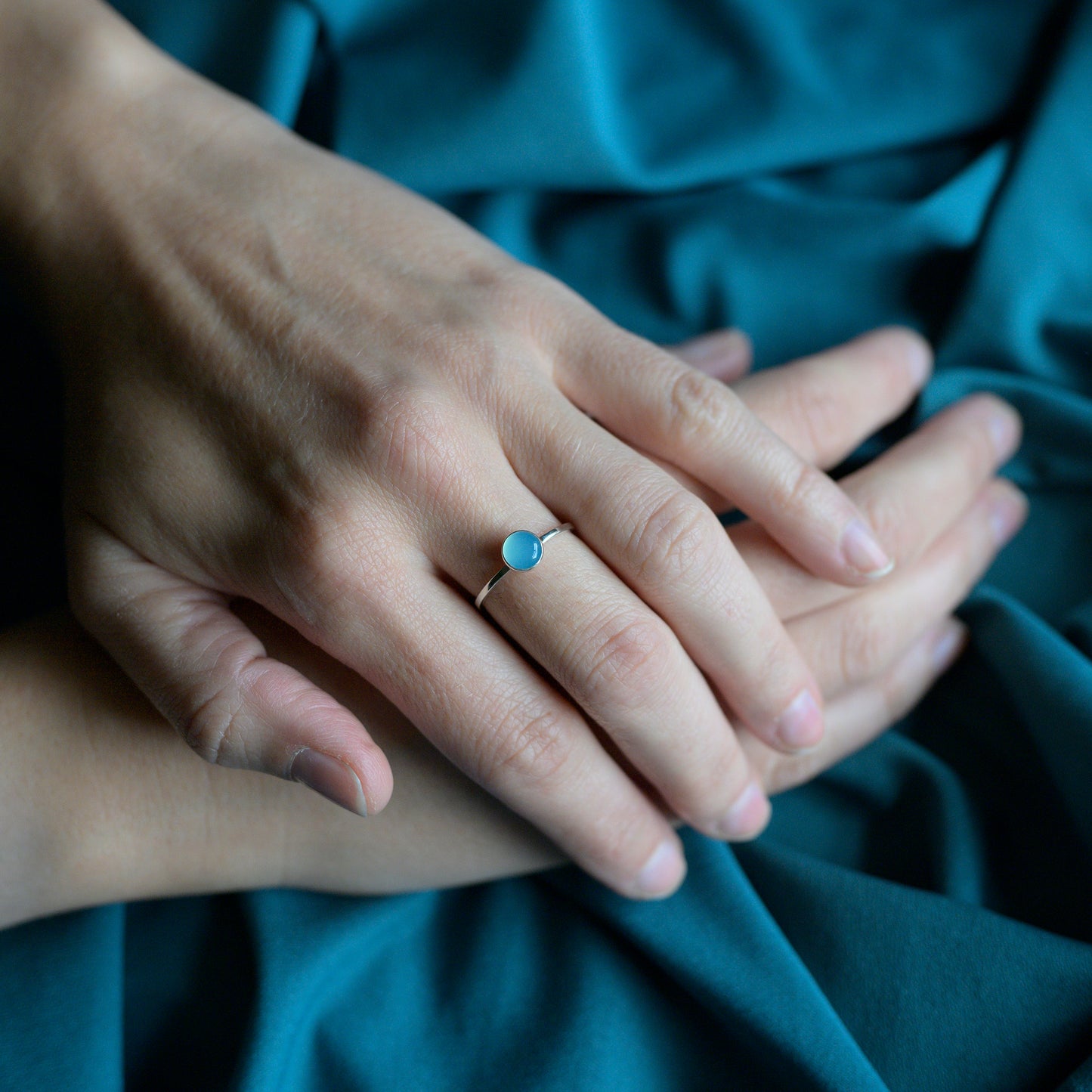 Silver Blue Chalcedony Cabochon Ring, size N