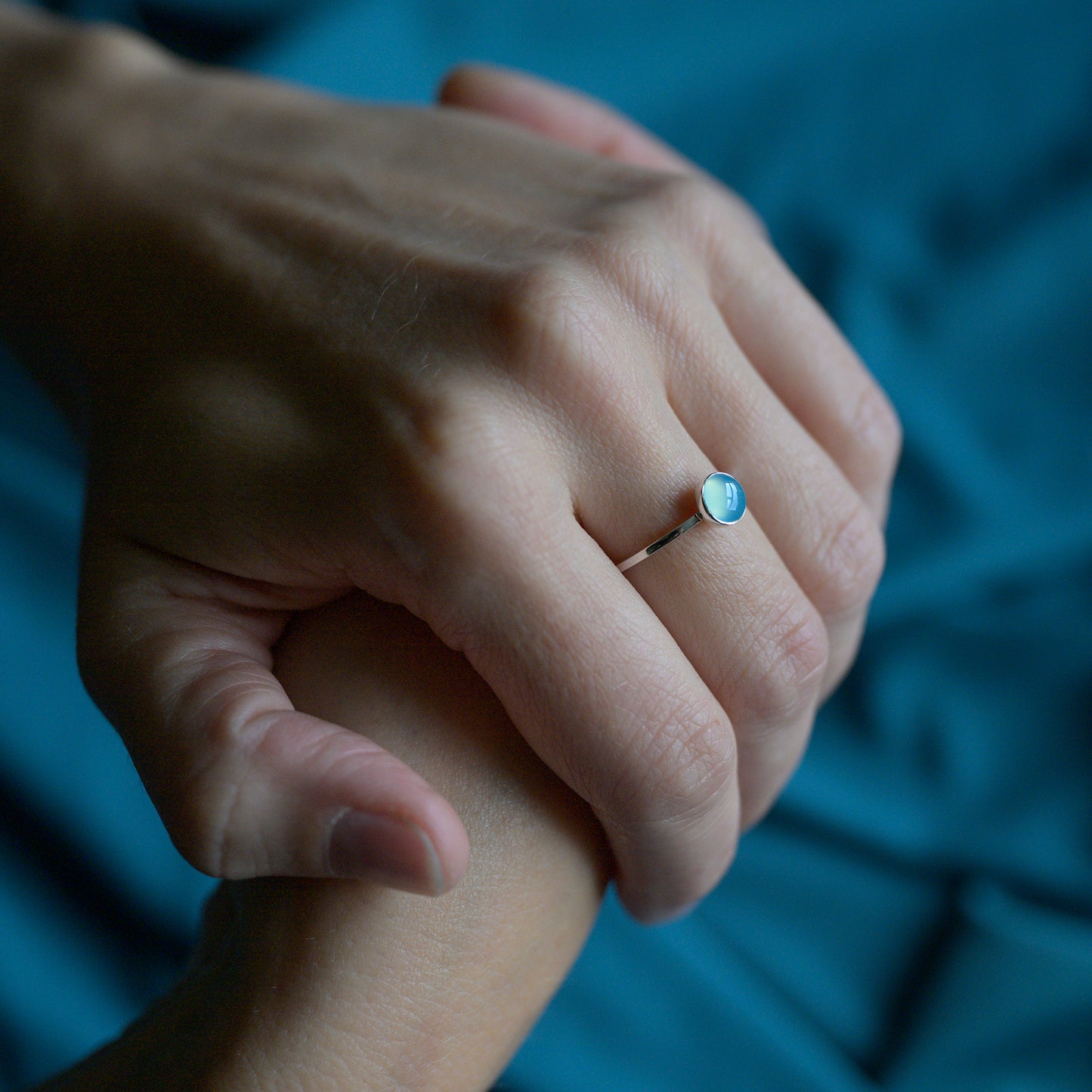Silver Blue Chalcedony Cabochon Ring, size N