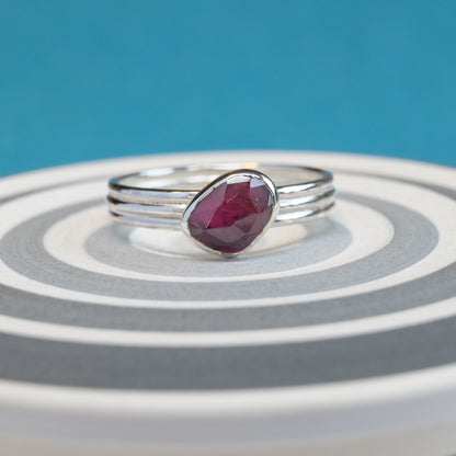 Silver Rose Cut Rhodolite Garnet Ring, size R