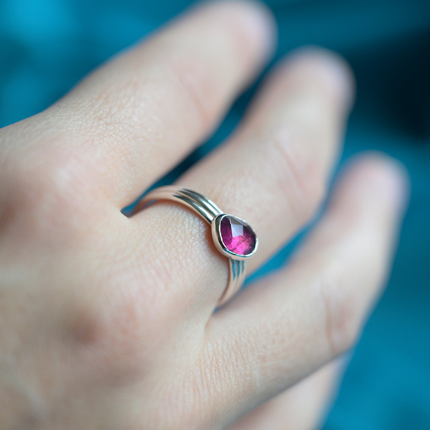 Silver Rose Cut Rhodolite Garnet Ring, size R