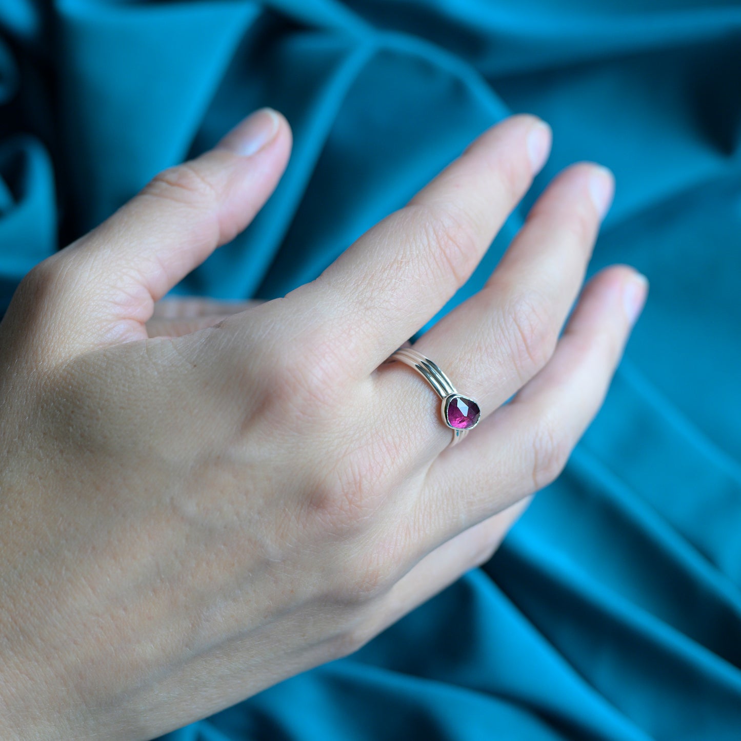 Silver Rose Cut Rhodolite Garnet Ring, size R