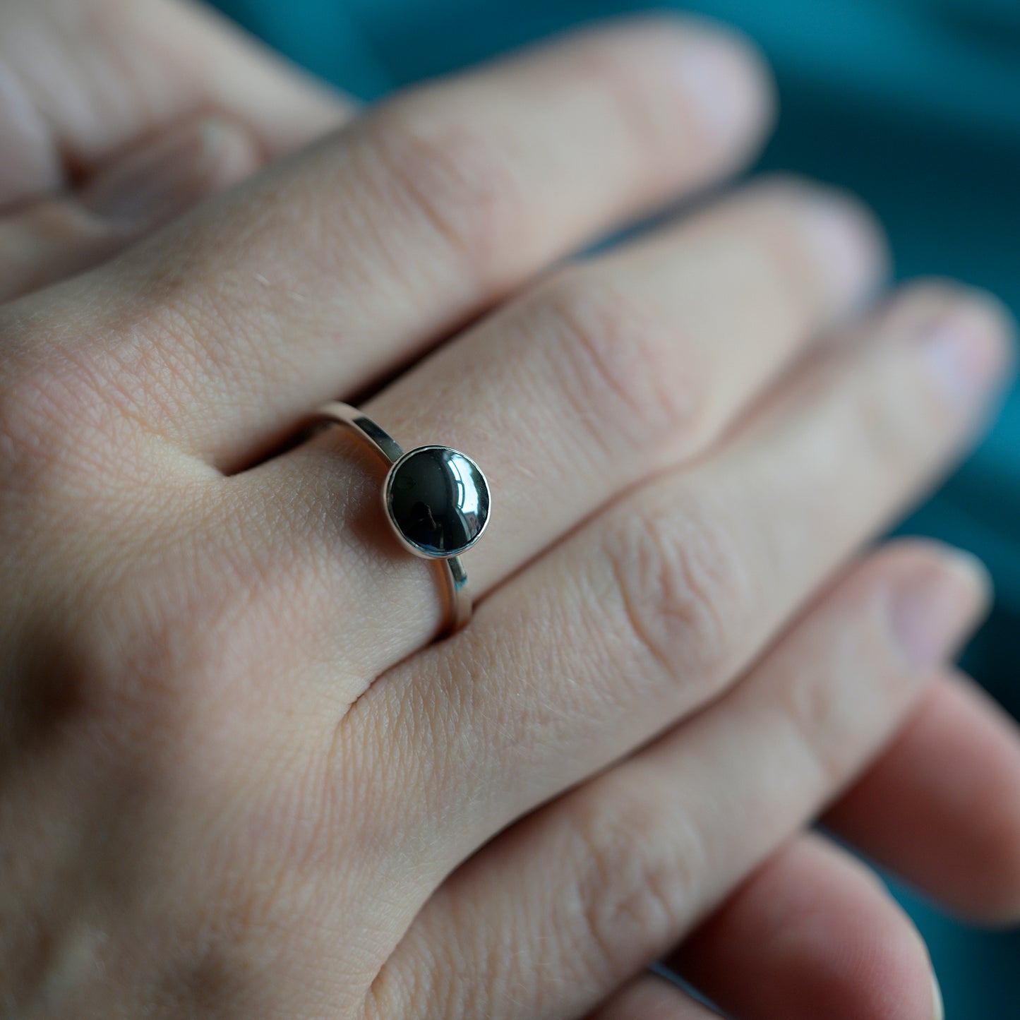 Silver Hematite Cabochon Ring, size N