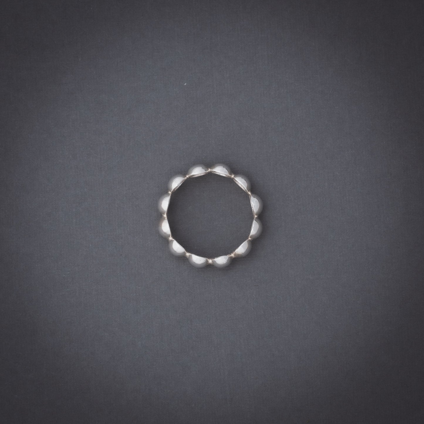 Product shot of silver domes ring from above