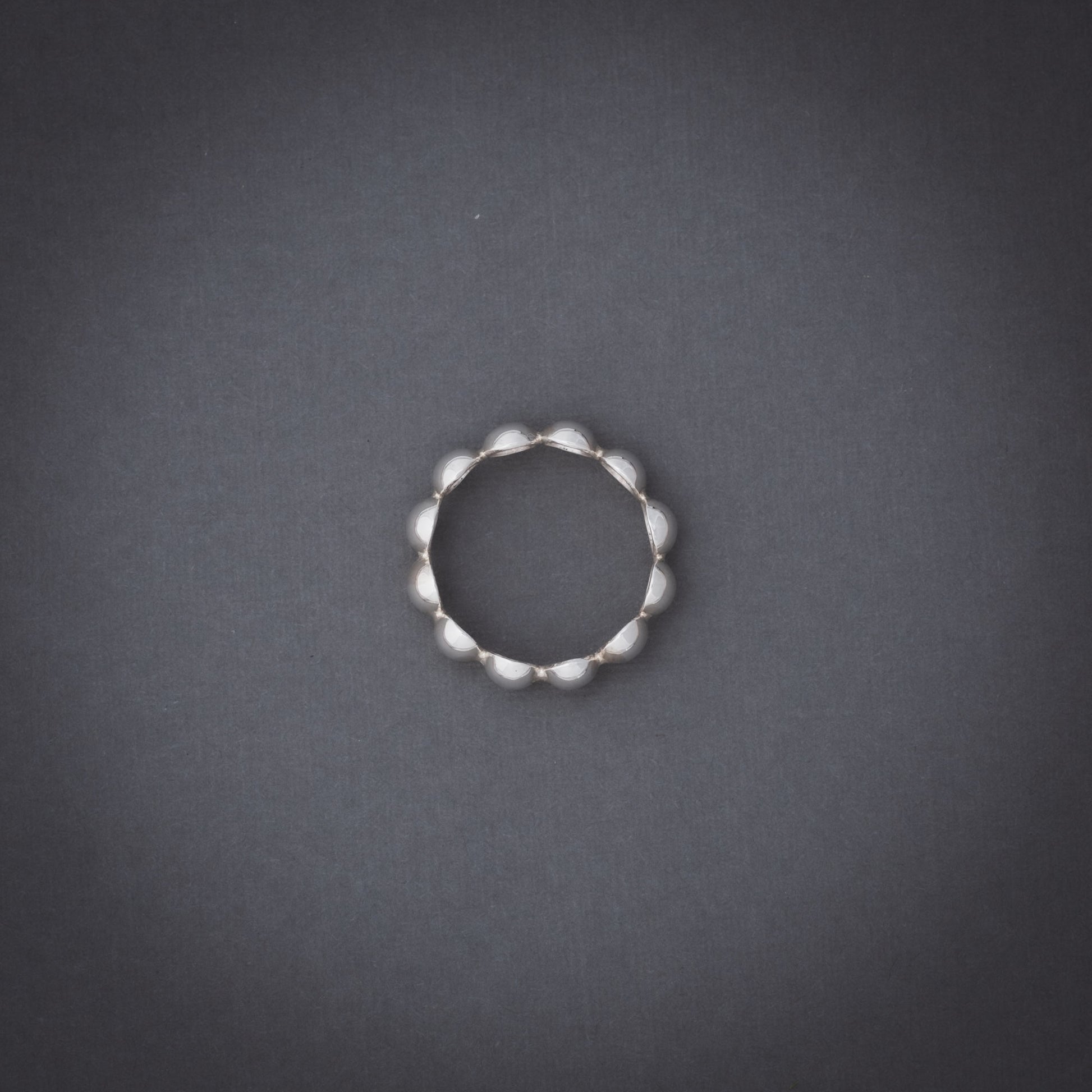 Product shot of silver domes ring from above